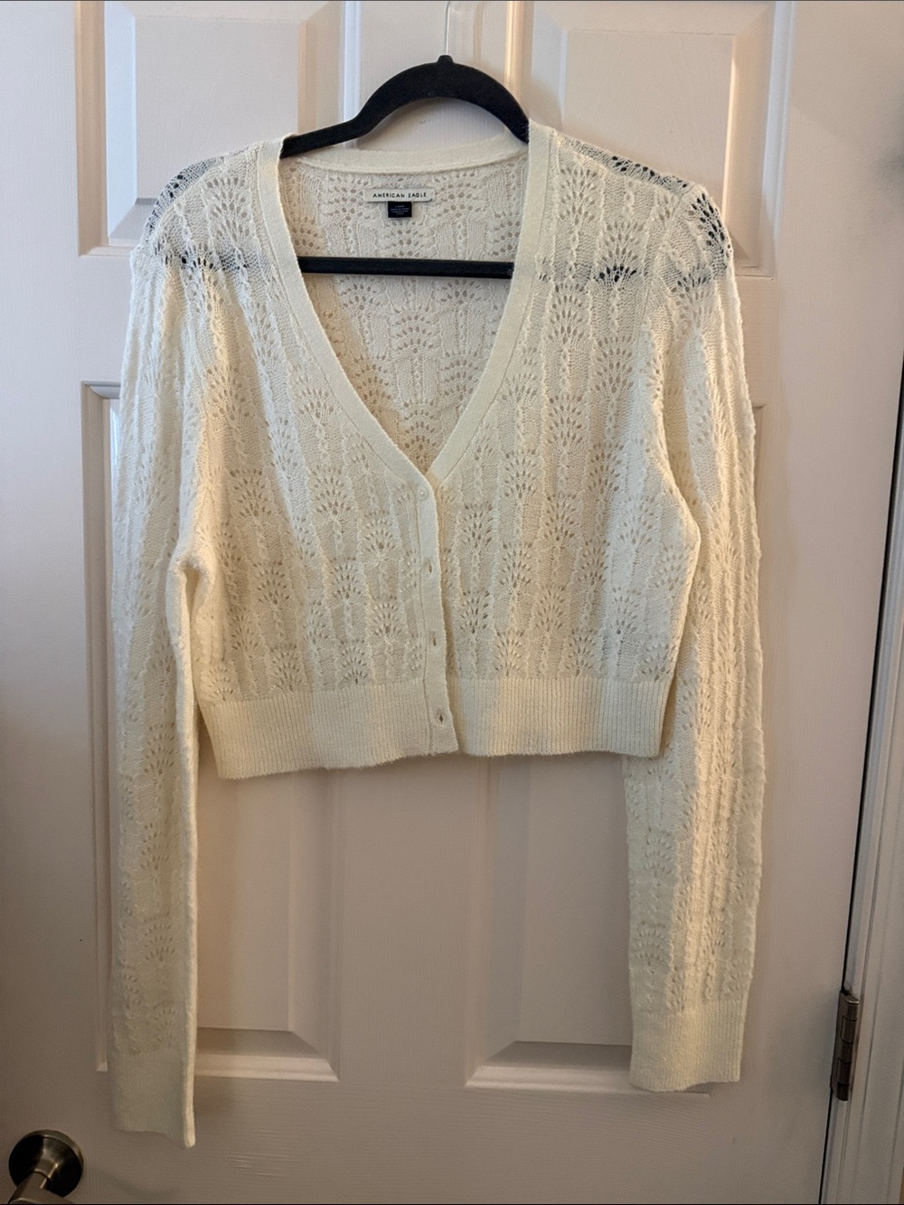 American Eagle Outfitters Ivory Open-Knit Cropped V-Neck Cardigan